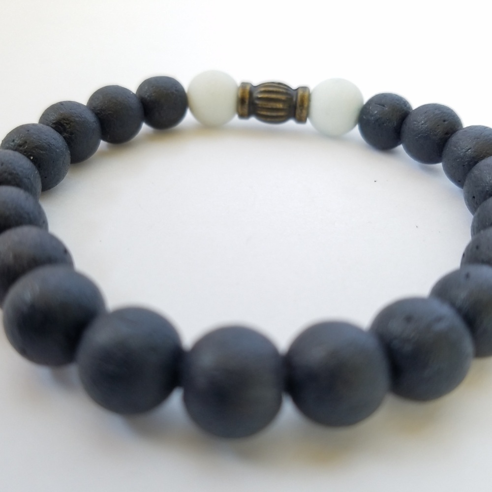 Hand Crafted Couple's Navy White Stone Beaded Bracelets Lava Stretch - Picture 8 of 10